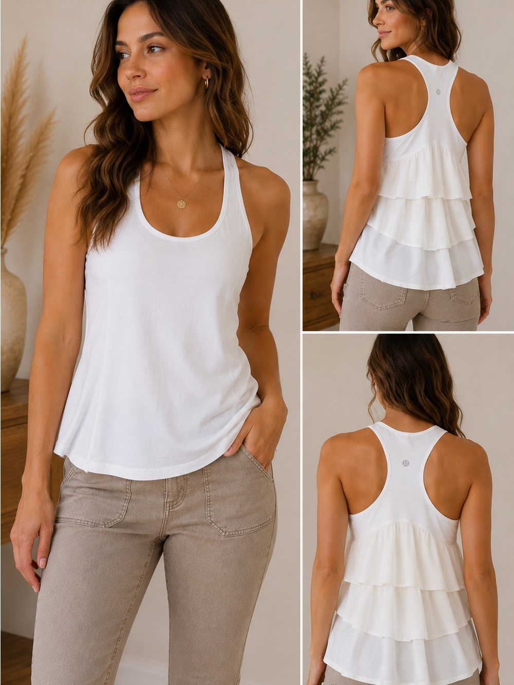 Lululemon White Racerback Ruffle Back Tank Top